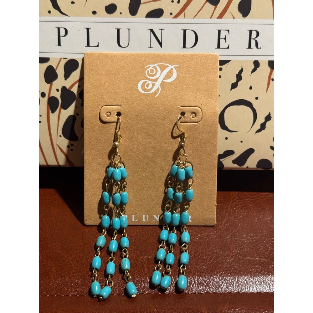 Plunder Design Turquoise Beaded Tassel Dangle Earrings Gold Tone Boho Statement